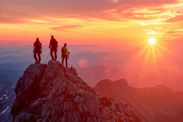 Climbers team on mountain top at sunset, adventure and achievement concept - obrazy, fototapety, plakaty