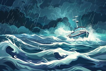 Boat in distress, ship sailing in storm on rough sea, danger and hope concept illustration - obrazy, fototapety, plakaty