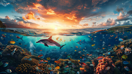 Delphine und bunte Fische, Unterwasser in der goldenen Stunde - obrazy, fototapety, plakaty