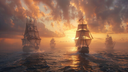 A painting of a large ship sailing in the ocean with a sunset in the background - obrazy, fototapety, plakaty