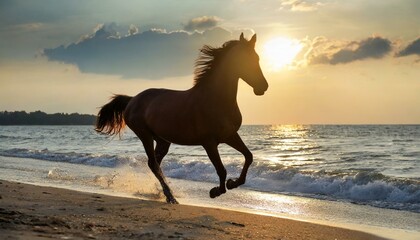 A horse running on the beach. And the falling sun