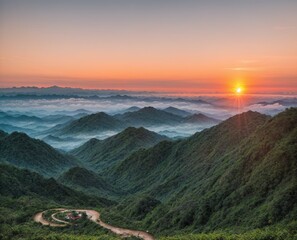 A scenic view of a mountainous landscape at sunrise.