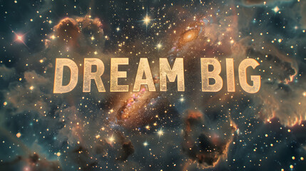 The phrase DREAM BIG formed by cloud-like shapes against a celestial backdrop of stars and galaxies