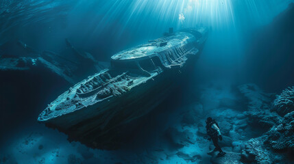 A man is diving in the ocean and is looking at a shipwreck - obrazy, fototapety, plakaty