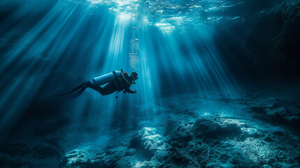 A man is swimming in the ocean with the sun shining on him