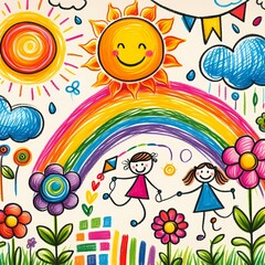 rainbow and flowers, child's pencil drawing
