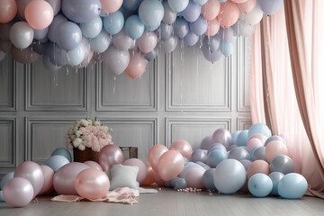 Set of multicolored metallic glossy balloons with strings in modern interior. Room decoration. For birthdays, parties, weddings or promotion banners or posters. Vivid and realistic illustration