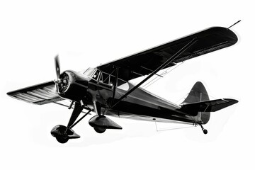 Vintage retro noir small airplane in flight, WWII era single-engine aircraft on white background