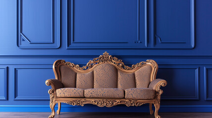 A regal classic bedroom arrangement showcasing an ornate sofa against a royal blue background wall.