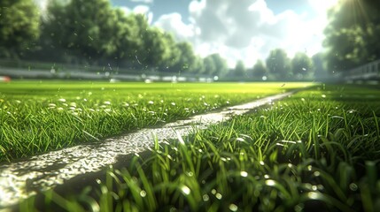 Early morning sunlight filters through trees, casting a soft glow on a dewy soccer field, creating a tranquil and refreshing sports environment - obrazy, fototapety, plakaty