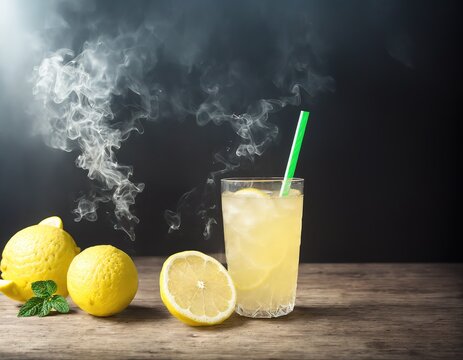 A glass of lemonade with two lemons on the side and a straw in it.