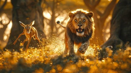 Two fierce lions chase after their prey through the water, creating a dramatic and action-packed moment in the wild, showcasing the raw power of nature - obrazy, fototapety, plakaty