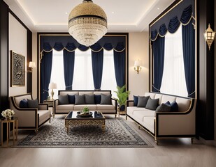 An image of a living room with white walls, dark wood furniture, and a chandelier hanging from the ceiling.