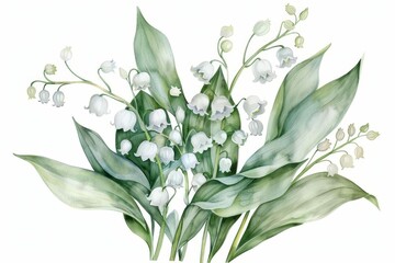 Delicate watercolor floral arrangement with white spring lilies of the valley, perfect for wedding invitations, birthday cards, and spring holidays - obrazy, fototapety, plakaty