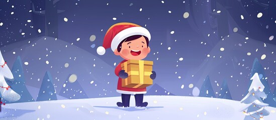 A young mammal in a Santa hat appears happy as he holds a Christmas present in the snow. The cartoonish gesture is set against a cloudy sky, creating a festive and joyful scene