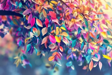 Abstract 3D wallpaper with colorful tree featuring multicolored leaves on hanging branches, digital art illustration background