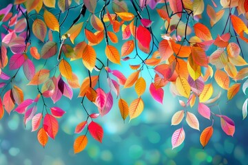 Abstract 3D wallpaper with colorful tree featuring multicolored leaves on hanging branches, digital art illustration background