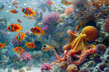 Fototapeta na wymiar An underwater scene capturing the serene beauty of a coral reef, with a school of colorful fish swimming amongst the corals, and a curious octopus peeking out from its hiding spot.