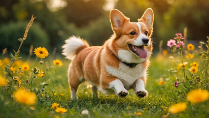 Cute Corgi dog runs on the summer lawn