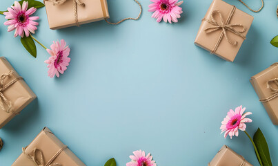 Frame made of craft gift boxes and gerbera flowers on the soft blue background with space for text at center. Greeting card for Valentine's Day, Mother's day or Birthday. Greeting card. Flat lay. - obrazy, fototapety, plakaty