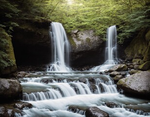 A small waterfall in the middle of a lush green forest.