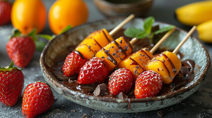 Tropical Temptation: Chocolate-Dipped Strawberry Mango Skewers. generated by AI