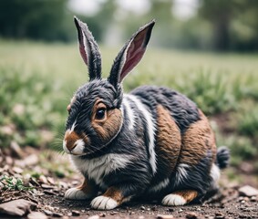 A brown and white rabbit standing on the ground, looking directly at the camera.
