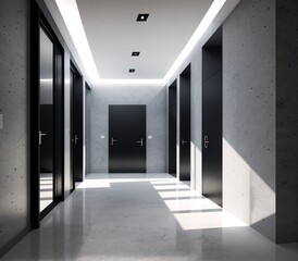 An empty corridor with white walls and a high ceiling.