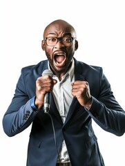 A black businessman holding a metal microphone in his hands and acting very energetically