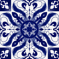 Watercolor hand draw Portugal tile. Azulejo blue illustration. Mediterranean motives, Italian ornament. 