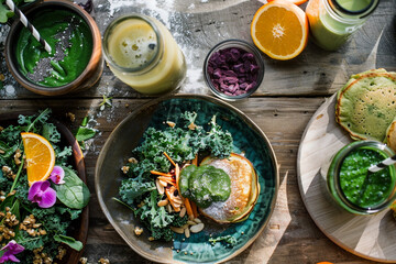 A health-focused brunch table with detox smoothies, kale and quinoa salads, and gluten-free pancakes. 