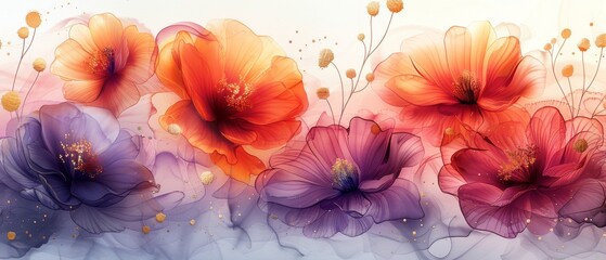 Useful as a background or texture, watercolor, alcohol ink flowers with purple, red, pink, gold on a white background. Elegant gold veins and splashes wallpaper. - obrazy, fototapety, plakaty