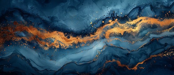 Background drawing with a watercolor brush. Blue paint spilled on paper. Gold shiny veins and cracked marble texture. Elegant luxury wallpaper for design, print, and invitations. - obrazy, fototapety, plakaty