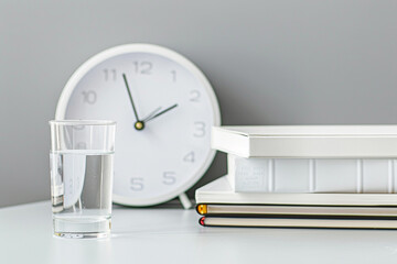 A minimalistic, modern school flyer background featuring a clean, white clock, a simple glass of water, and a neat stack of textbooks, emphasizing punctuality and hydration.