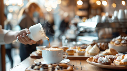 A modern coffee shop scene with a barista pouring latte art, surrounded by assorted pastries and a...