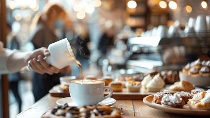  A modern coffee shop scene with a barista pouring latte art, surrounded by assorted pastries and a cozy, blurred background of customers. Ample space is left on the right side for text. © Nusrat arts 