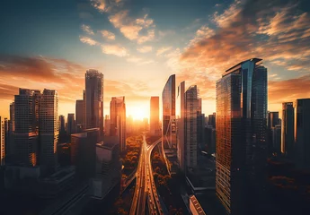 Foto op Plexiglas Sunny cityscape with skyscrapers and setting sun © Asep