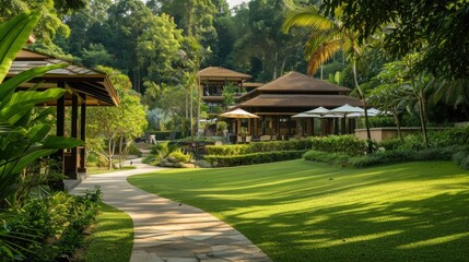 A corporate retreat in a tranquil countryside setting, where business leaders engage in team-building activities and strategic planning sessions amidst lush greenery and serene natural surroundings. - obrazy, fototapety, plakaty