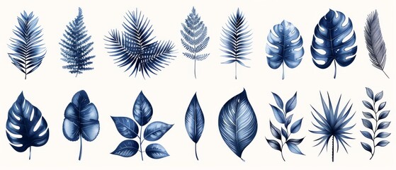 Hand drawn modern tropical leaves. Silhouettes of abstract branches in minimalistic flat style isolated on white. Natural elements with a line for the design of patterns, ornaments.