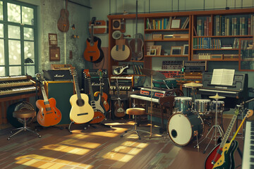 A realistic snapshot of a school's music room, with various instruments like guitars, drums, and...