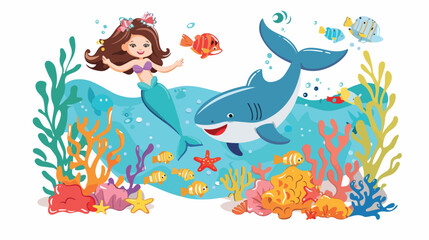 Cartoon scene with mermaid princess and shark swimming