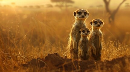 A family of meerkats, standing guard over their burrow with vigilant eyes as they watch for signs of danger on the vast African savanna. - obrazy, fototapety, plakaty