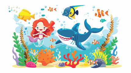 Fototapeta na wymiar Cartoon scene with mermaid princess and shark swimming