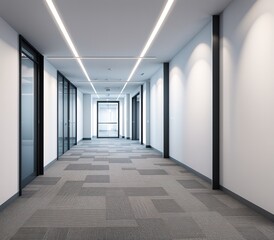An image of a long, empty corridor with white walls and gray carpet.