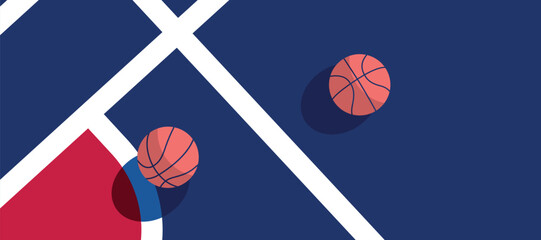 Basketball ball standing on white line on blue background - obrazy, fototapety, plakaty