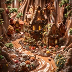 A fantasy land where everything is made of chocolate, from trees to houses, 3D Scientific Visualization