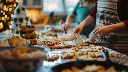 A festive holiday baking session in a cozy kitchen, with families and friends gathered around a countertop adorned with cookie cutters, sprinkles, and icing, creating delicious treats and cherished me - obrazy, fototapety, plakaty