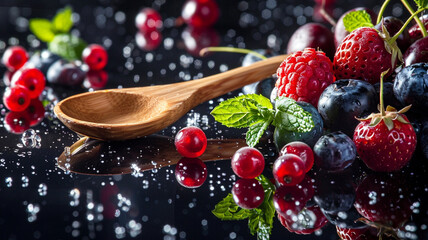 A widescreen view of a wooden spoon among an array of fresh berries and mint leaves on a dark,  - obrazy, fototapety, plakaty