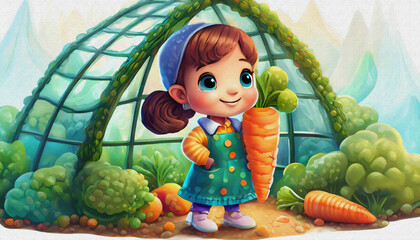 OIL PAINTING STYLE CARTOON CHARACTER CUTE A happy child is holding a carrot and standing in a greenhouse