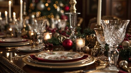 Fototapeta na wymiar A festive holiday dinner table set with fine china, crystal glassware, and elegant centerpieces, adorned with twinkling candles and seasonal decorations, ready to welcome guests for a memorable holida
